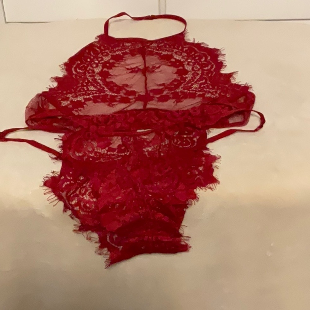 Luxurious Red Lace Chemise with Intricate Floral Design